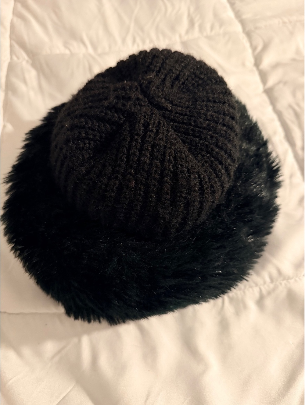 Black Knit Beanie Hat with Faux Fur Trim